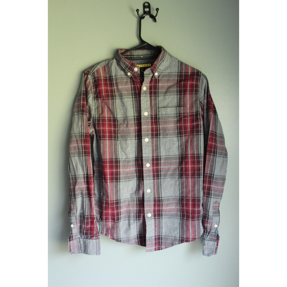 Prince & Fox Men's XS Gray Red Plaid Flannel Button-Down Long Sleeve Shirt